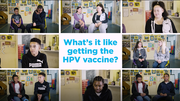 Still from video clip of 'What's it like getting thee HPV vaccine' with images of young people at school discussing.